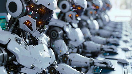 Fototapeta premium Sleek, matte white AI robots typing on keyboards IT call center helpdesk wallpaper background