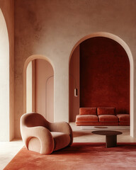 Minimalist Loft Living Room with Warm Red Japandi Design