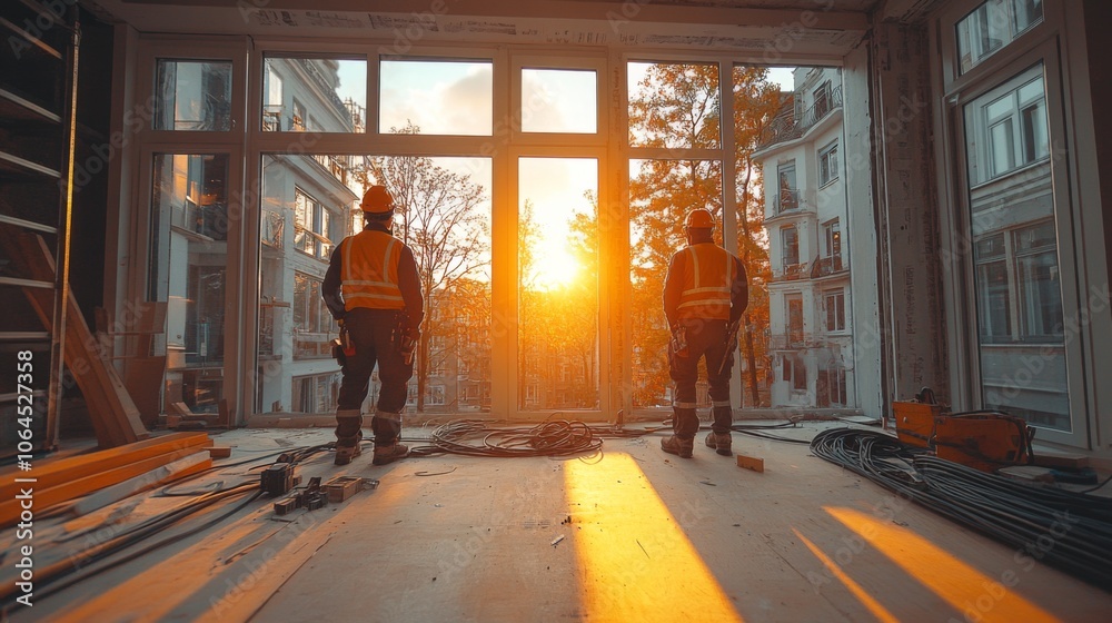 Aufkleber two construction workers stand inside a partially finished home, watching the sunset through large w