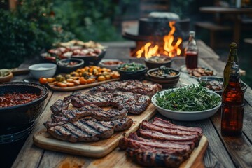 Obraz premium Grilled Steak Salad Beer and Sides on Wooden Table