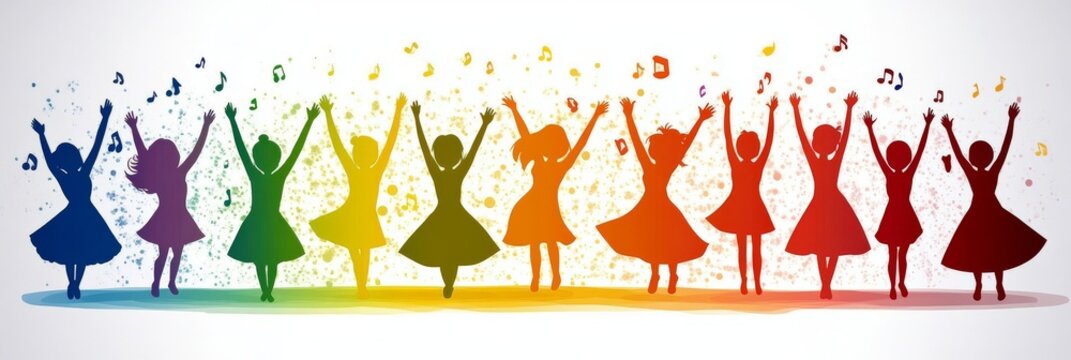   Siluetas de personas bailando sobre un fondo de arco&iacute;ris brillante, representando alegr&iacute;a y diversidad.
