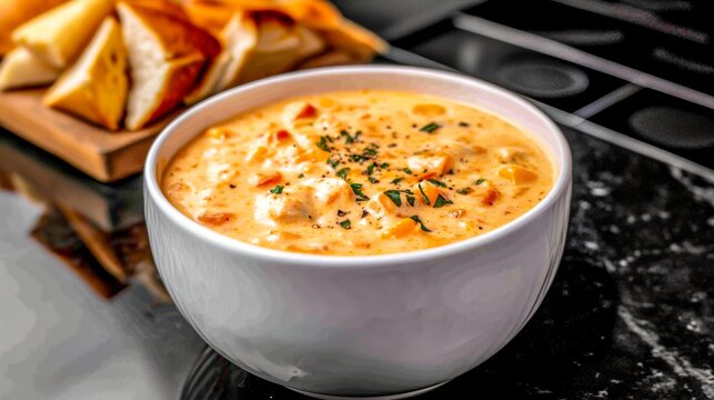  Sopa de queso servida en un taz&oacute;n blanco con pan al fondo, ideal para una comida reconfortante.
