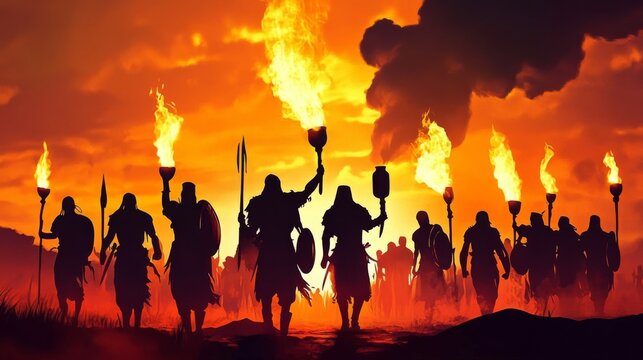 A dramatic scene of Gideon&rsquo;s warriors with torches and jars.