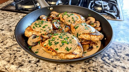  Pechugas de pollo con salsa de champi&ntilde;ones en una sart&eacute;n, cubiertas con perejil fresco.
