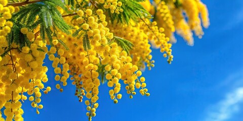 branch of mimosa acacia with yellow flowers against blue sky