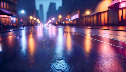 Obraz premium Vibrant and dynamic rainy city street with neon lights reflecting on wet pavement