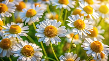 Fototapeta premium Chamomile flowers with selective focus on a green background, symbolizing ecology and biodiversity