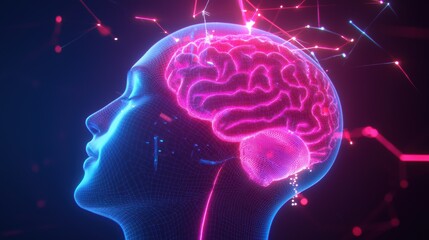 Obraz premium A digital illustration of a human head in profile, featuring a vibrant, glowing brain illuminated by colorful neural connections.