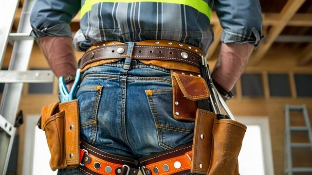 A worker leaning against a ladder proudly displaying their personalized tool belt.