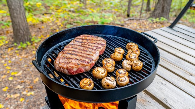  Filete de carne y champi&ntilde;ones cocin&aacute;ndose en una parrilla al aire libre en un ambiente de bosque.
