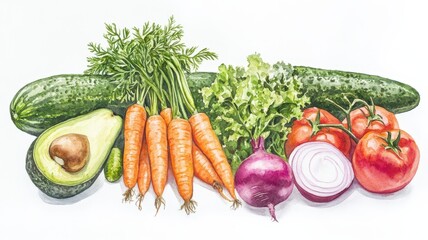 Watercolor painted collection of vegetables,Hand drawn fresh food design elements isolated on white background,Fresh colorful veggies background,diet,healthy food,Various Vegetables.