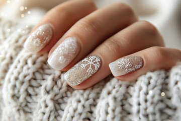 Woman showing christmas snowflake nail art design on white woolen background