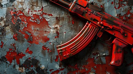 Obraz premium Copy space view of a red ak 47 rifle on a rustic metal background is available