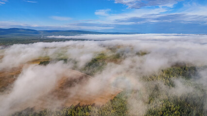 Flying above the clouds at dawn in autumn
