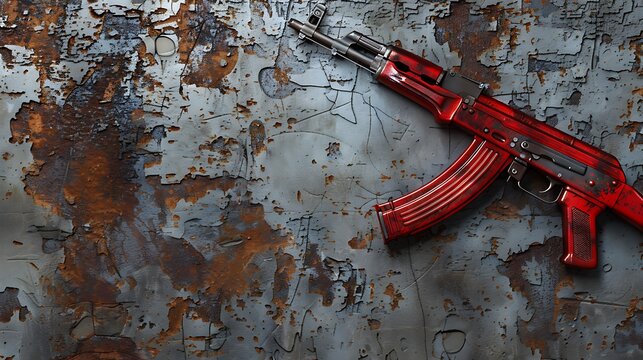 Copy space view of a red ak 47 rifle on a rustic metal background is available