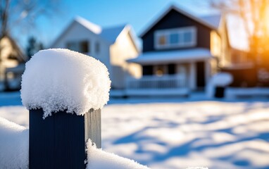 A snowy scene features a fence post capped with snow, with cozy homes in the background and warm sunlight illuminating the winter landscape.