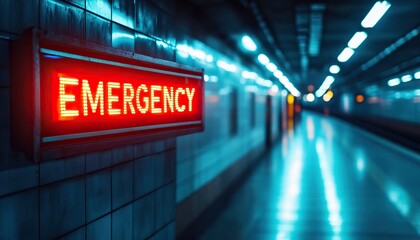 A glowing red "EMERGENCY" sign illuminates a dimly lit underground tunnel, highlighting a sense of urgency and alertness.