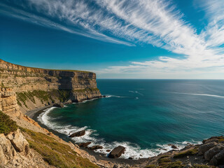 Fototapeta premium Majestic Coastal Cliffside Overlooking Crystal Blue Ocean with Clear Sky and Dramatic Clouds