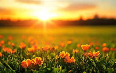 Obraz premium A vibrant sunset casts golden light over a field of blooming flowers, creating a serene and picturesque natural scene.