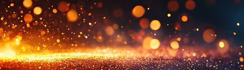 Obraz premium A vibrant, shimmering background featuring warm bokeh lights in orange and gold hues, creating a festive and enchanting atmosphere.