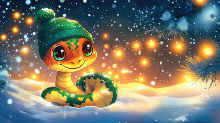 Fototapeta premium A snake wearing a Christmas hat, Chinese New Year
