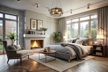 Fototapeta premium Modern Scandinavian Bedroom with Streamlined Fireplace and Bay Window Light