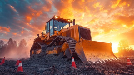 A bulldozer moves earth and debris on a construction site at sunset, with orange and purple skies creating a stunning backdrop for the machinery. - obrazy, fototapety, plakaty