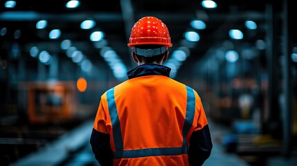 A construction worker in safety gear stands in a dimly lit industrial setting, emphasizing workplace safety and professionalism.