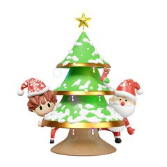 3d santa claus and santa girl behind christmas tree with snow, lamp, ornaments isolated. merry christmas and festive new year concept, 3d illustration render