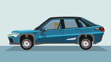 Concept vector illustration of detailed side of a flat soft blue sedan car. with shadow of car on reflected from the ground below. can view interior of car with driver man.