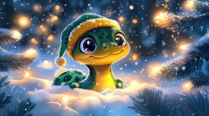 Fototapeta premium A snake wearing a Christmas hat, Chinese New Year