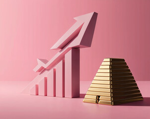 Gold Bar Pyramid and Upward Arrow Graph on Pink Background – Symbol of Financial Growth, Wealth Building, and Investment Success