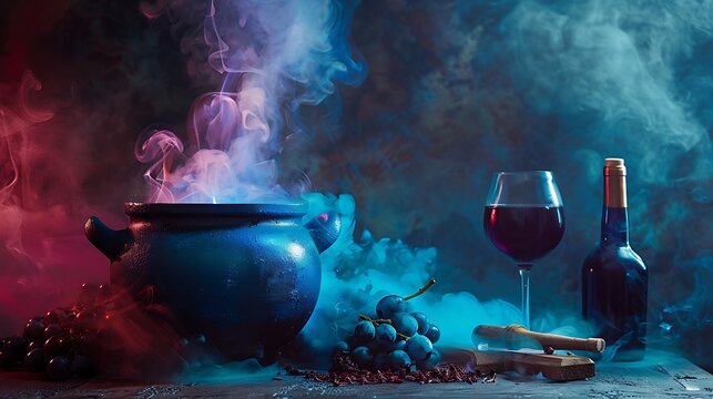 Creating of a smoke iceland related to halloween blue pot with wine on a vibrant scarlet the heels