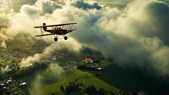 Vintage Plane Flying Over Countryside