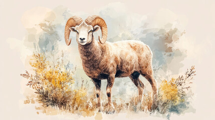 Fototapeta premium A sheep with curved horns standing in the grass