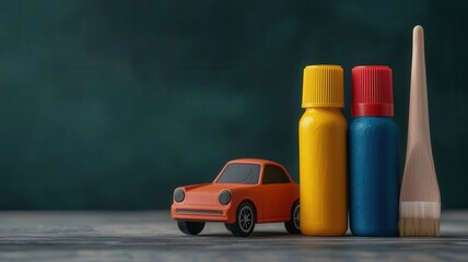 Fototapeta premium Glue and paint bottles arranged beside an unfinished model car, model car glue paint, representing the building process essentials, 3D illustration