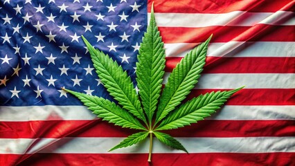 Portrait of a Marijuana Leaf Against the US Flag Background: Vibrant Colors and Symbolism of Freedom and Nature in a Unique Artistic Representation