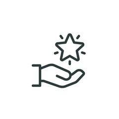 Grade quality, get reward, excellent result outline icon. Line sign human hand holding-hugging shining star symbol. Vector isolated pictograms for web on white background editable stroke.