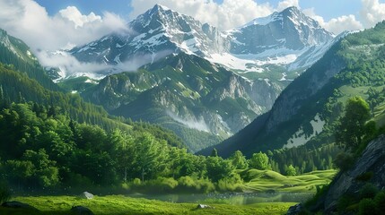 Majestic Mountain Landscape with Snow-Capped Peaks and Lush Green Valley