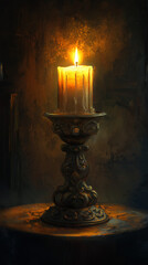Epiphany religious candle glowing warmly in dark ornate holder, digital painting, symbol of faith and spirituality for Twelfth Night, Three Kings' Day, and Theophany celebrations