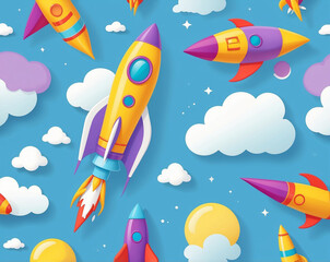 Fototapeta premium Seamless Cartoon Rocket Pattern with Colorful Rockets, Clouds, and Stars – Fun Space Background for Kids and Sci-Fi Themes