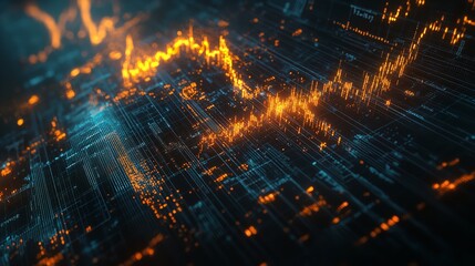 Futuristic Stock Market Data in Urban Setting. Vibrant city at night with illuminated skyscrapers and glowing stock market data overlays, symbolizing the intersection of technology and finance.