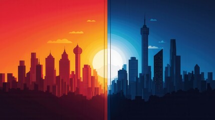 A split-image of city skylines at sunset and night, featuring bright warm colors on one side