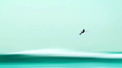 Fototapeta premium Exhilarating Kite Surfer Jumping over Turquoise Waves with Motion Blur, Capturing Freedom and Excitement in Ultra-Detailed Shot