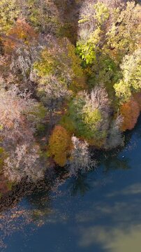 Colorful view of the autumn forest with lake. Parz Lake in Tavush, Armenia. Taken with a drone