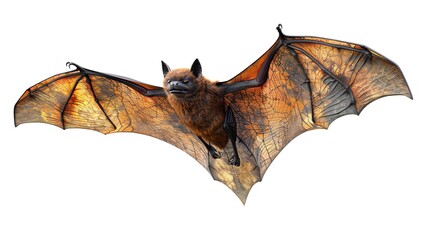 A bat with wings spread wide, flying through the air. The bat has long, pointed ears and is covered in brown fur.