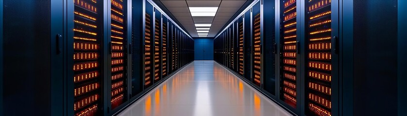 Fototapeta premium A modern data center showcasing rows of servers in a sleek, organized layout. The ambient lighting enhances the technological atmosphere.