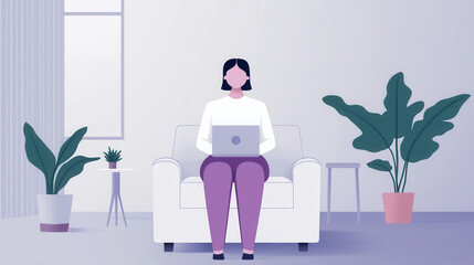 A woman is sitting on a couch working on a laptop, surrounded by houseplants