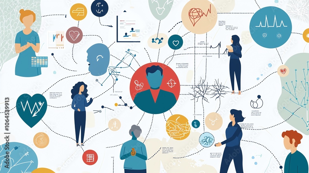 Aufkleber explore the interconnections of health and science in a bright clean infographic style image