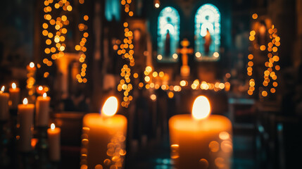 Epiphany Church Interior with Candlelight and Golden Bokeh, Evoking Spiritual Warmth and Reverence